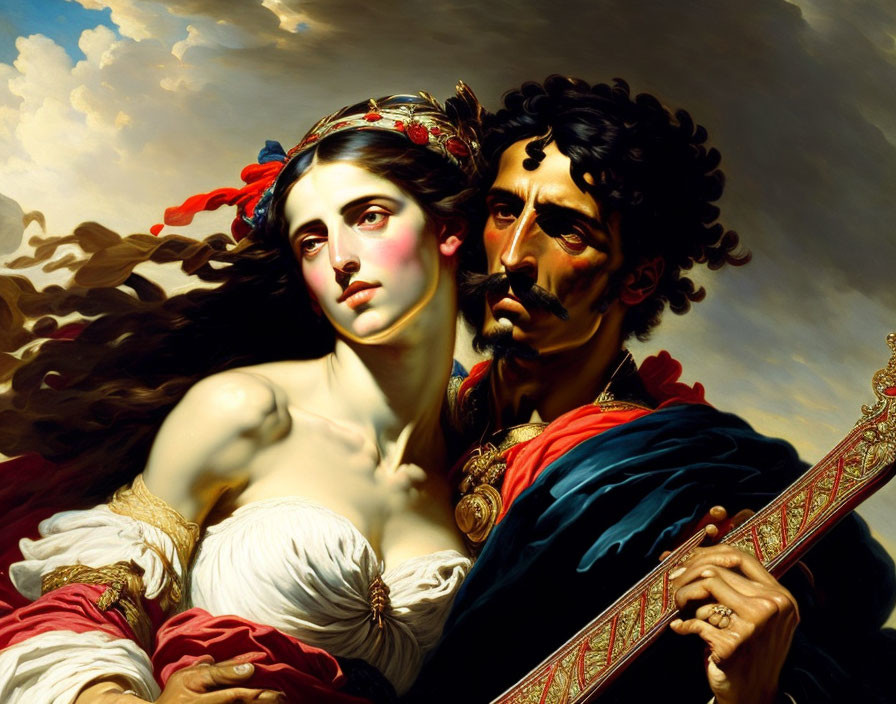 Man and woman in dramatic lighting with scepter and bare shoulder.