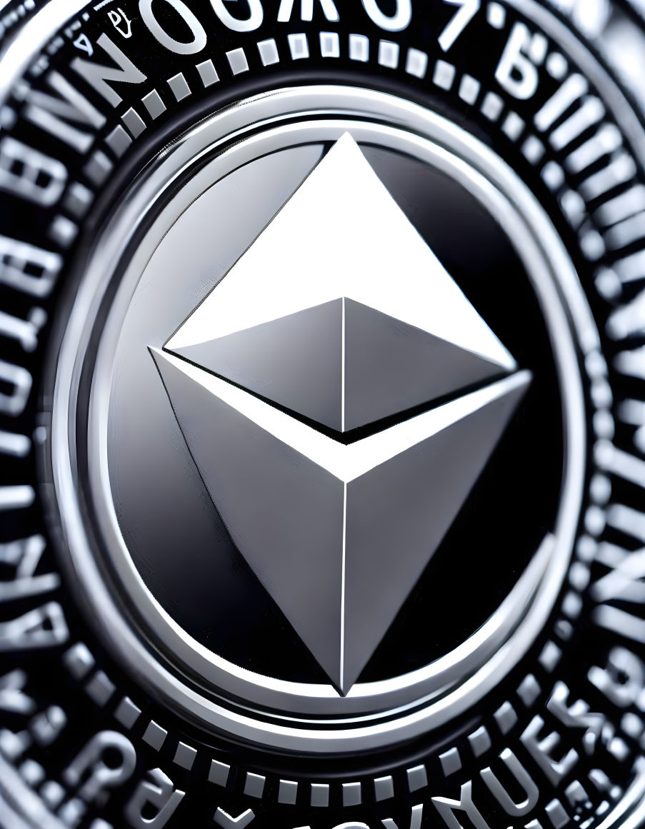 Detailed Close-up of Silver Octahedron Ethereum Logo on Black Background