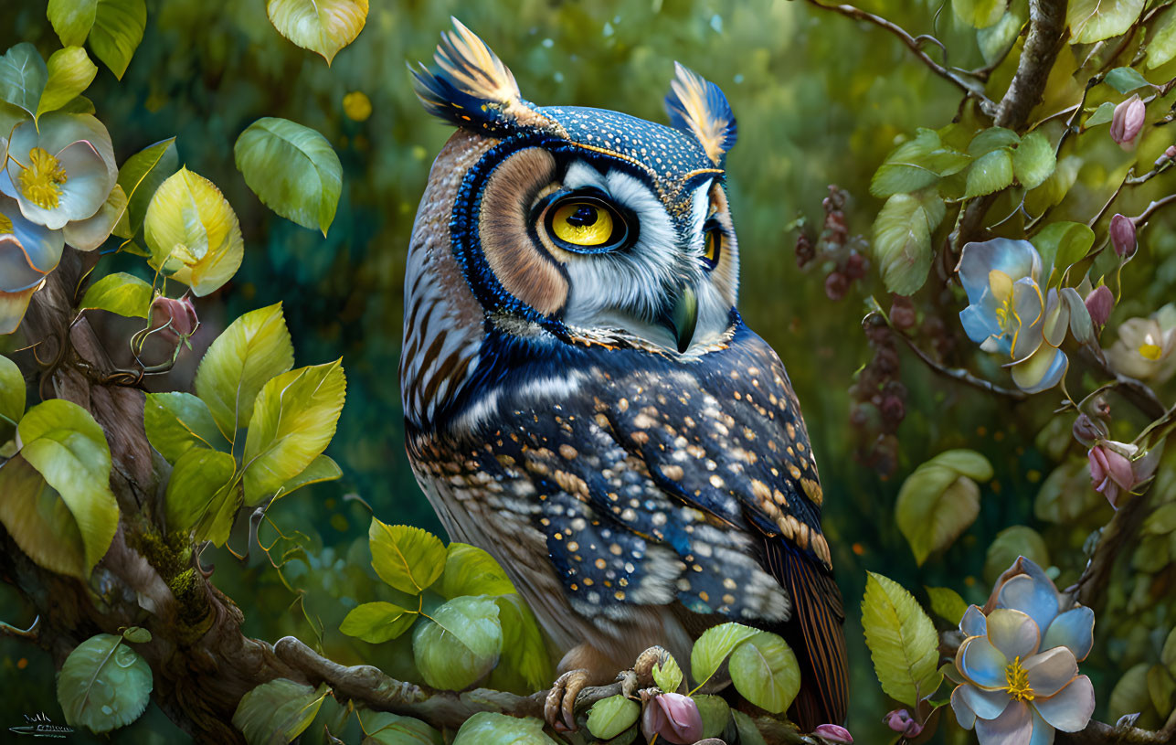 Detailed painting of speckled owl on branch in lush greenery