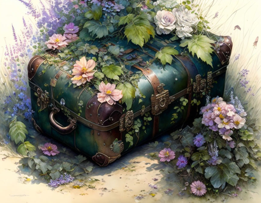 Intricate Green Treasure Chest Surrounded by Lush Flowers