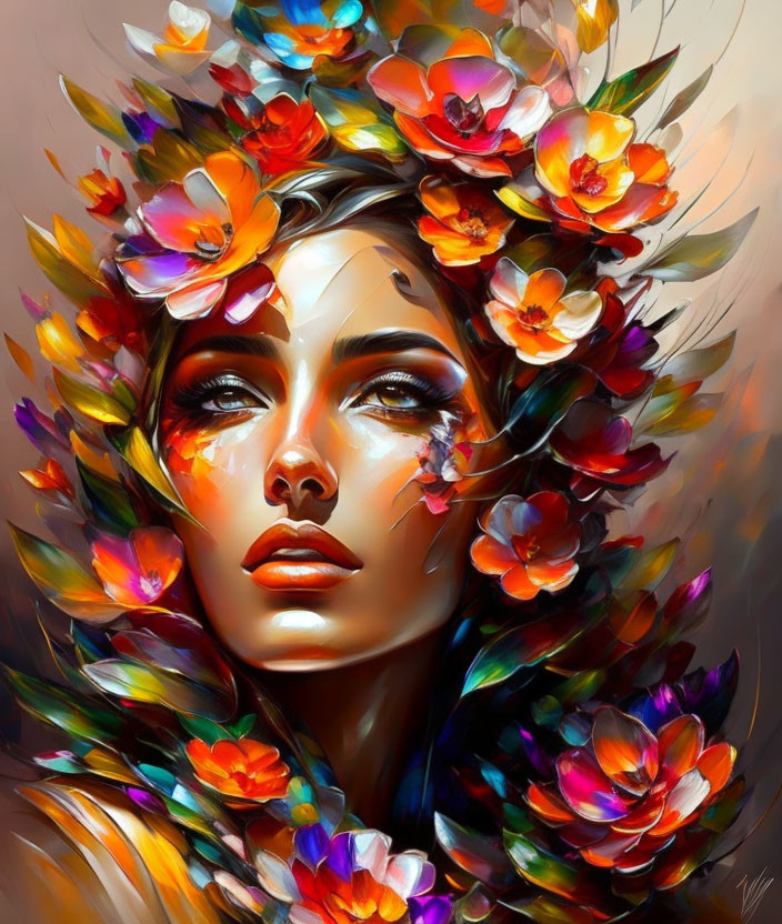 Colorful digital painting of woman with floral wreath and expressive eyes