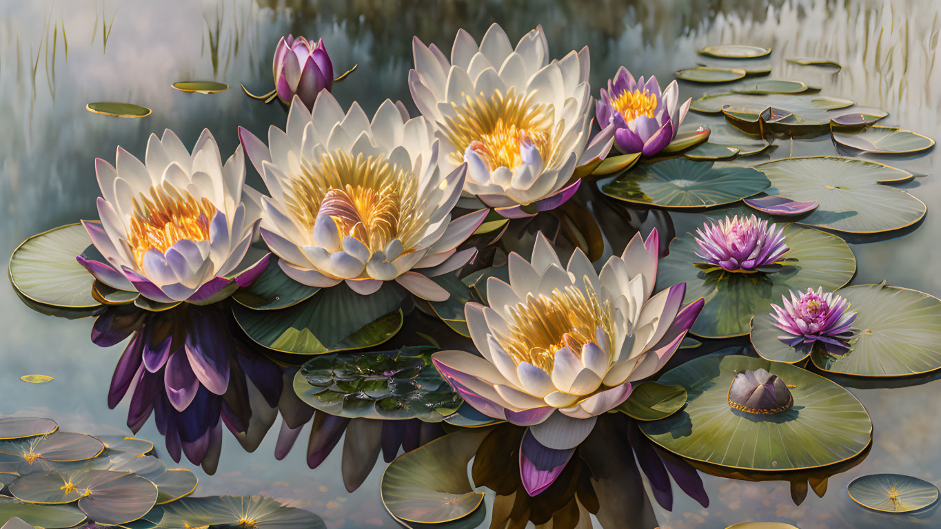 Tranquil pond with blooming water lilies and floating leaves at sunrise or sunset