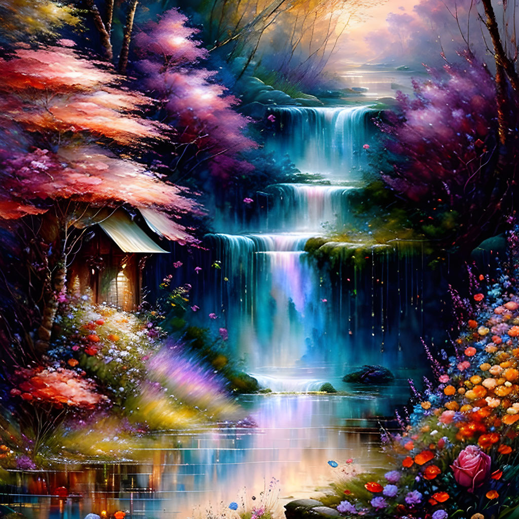 Colorful waterfall painting in mystical forest with cabin and flowers