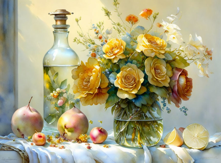 Yellow flowers, fruits, and glass objects on light background
