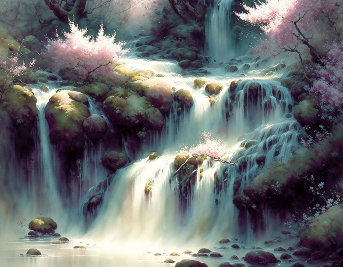 Tranquil Waterfall with Moss-Covered Rocks and Cherry Blossoms