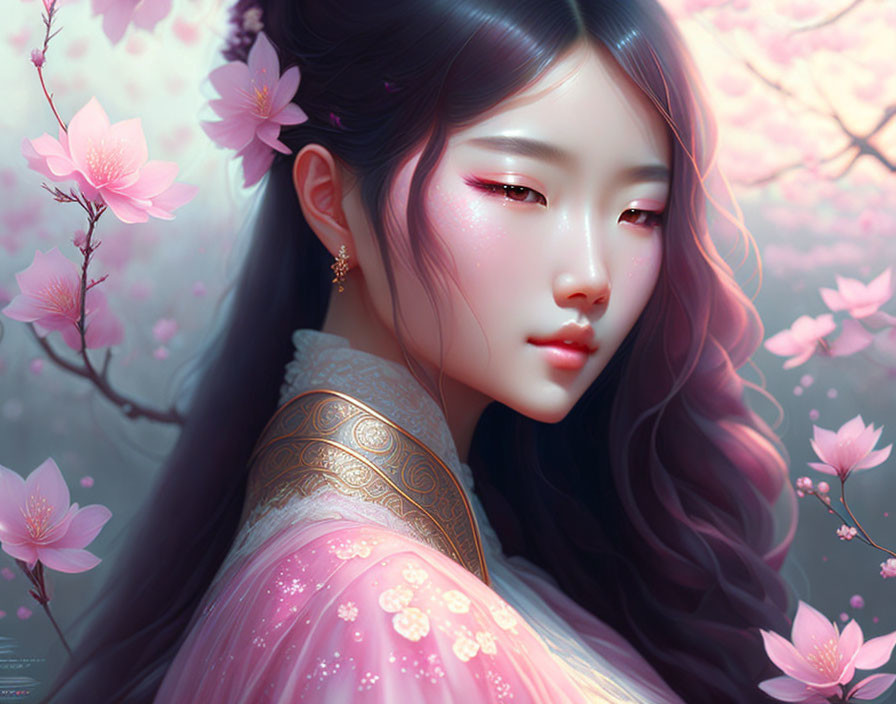Digital artwork of ethereal woman in pink traditional outfit with gold details amidst pink blossoms