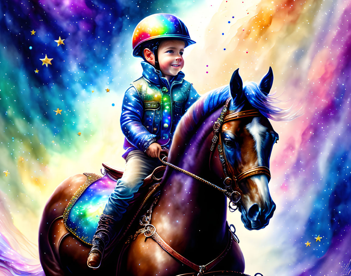 Child in colorful space-themed outfit rides majestic horse in vibrant cosmic scene