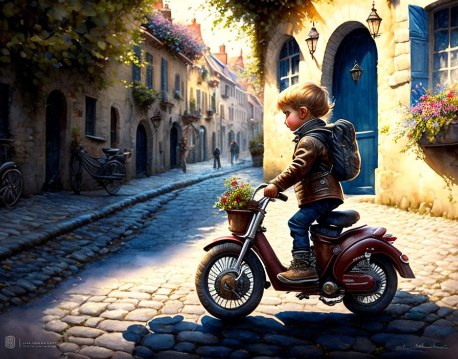 Young boy on toy motorcycle enjoys charming cobblestone street with quaint houses and vibrant flowers on sunny day