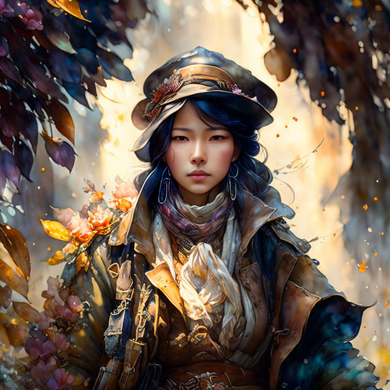 Digital artwork of woman in fantasy setting with detailed hat and ornate armor among golden leaves and ethereal