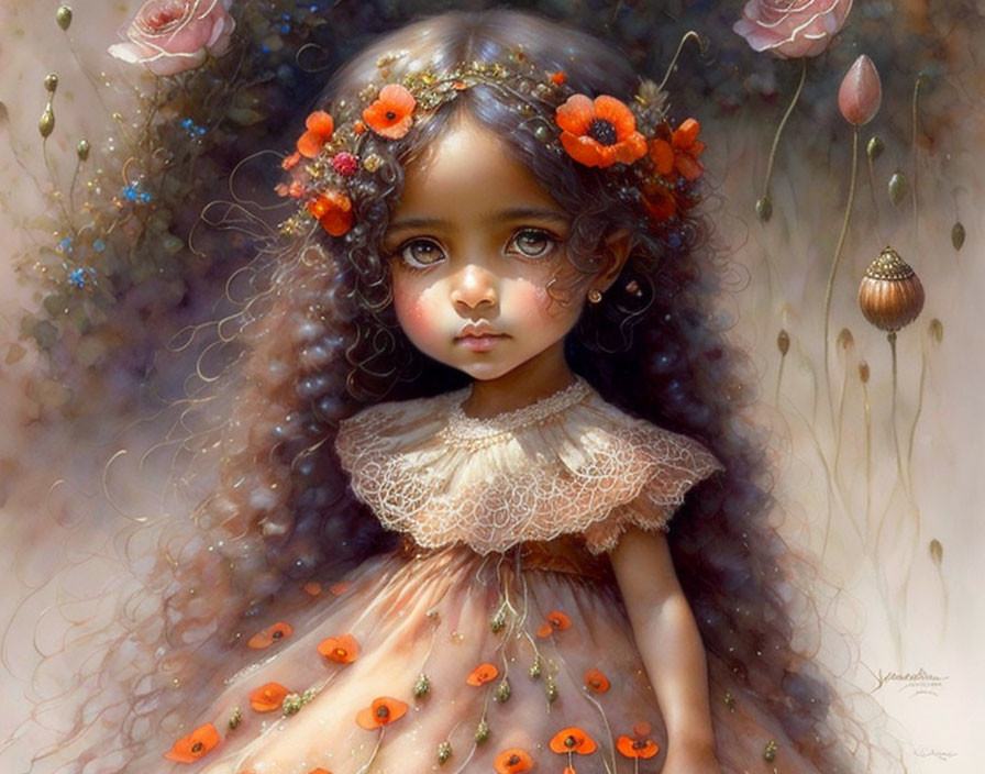 Portrait of a young girl with expressive eyes and curly hair adorned with orange flowers in a lace-trim
