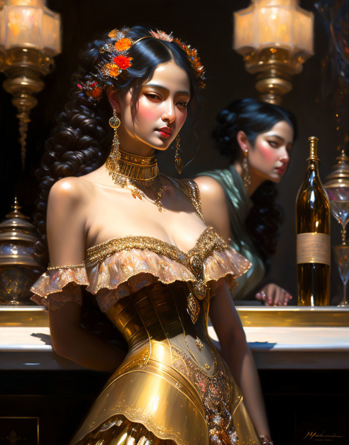 Golden ornate dress on elegant woman in dimly lit room