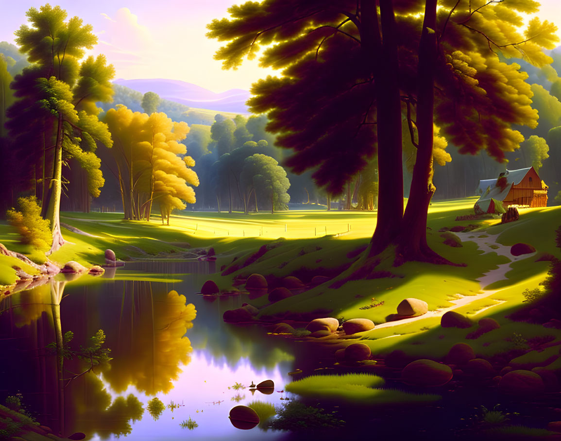 Tranquil landscape with lush trees, serene pond, cabin, and rolling hills in warm sunlight