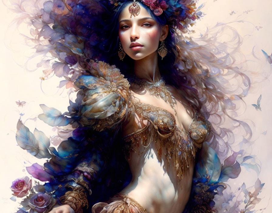 Ethereal woman in feathered garments with floating petals and butterflies