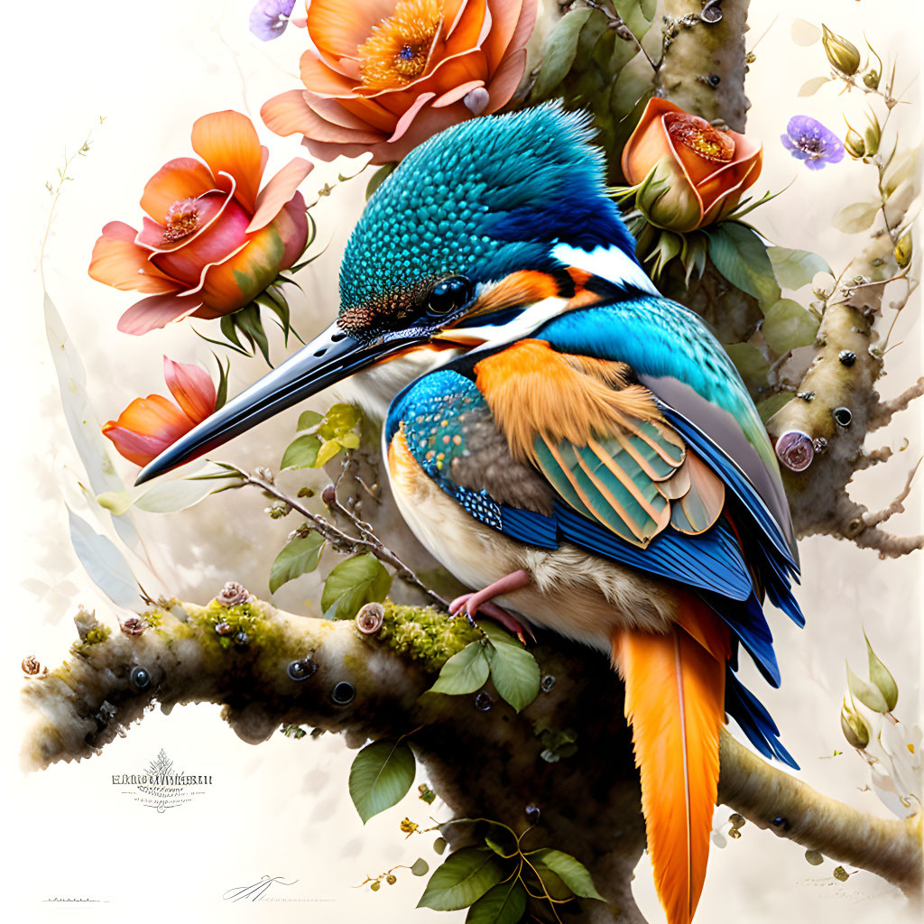 Colorful Kingfisher Bird Illustration with Branch, Flowers, and Berries