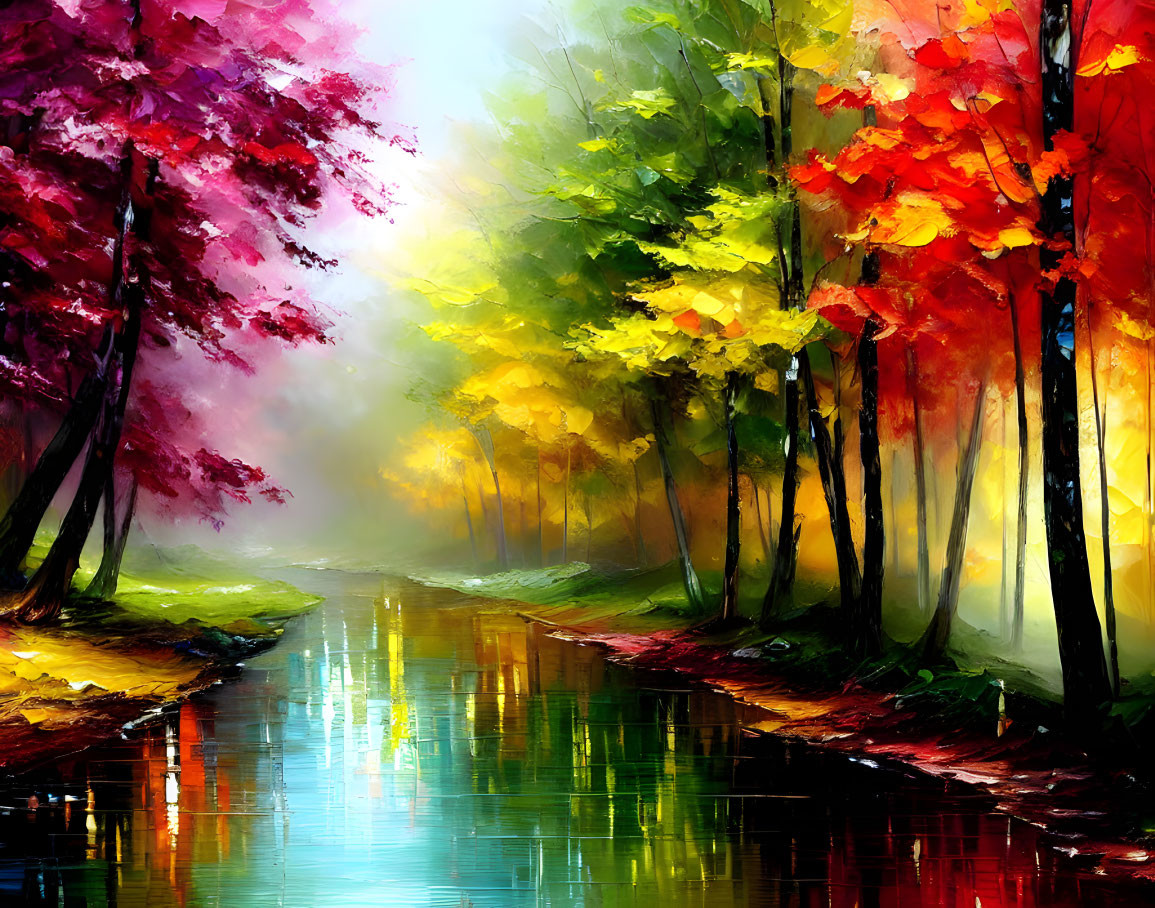 Colorful Autumn Forest Painting with Trees Reflecting in Stream