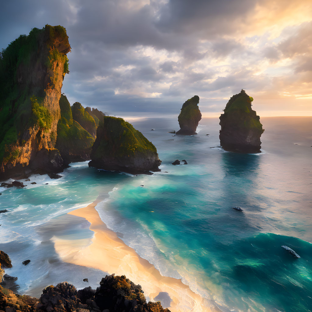 Dramatic Coastal Landscape at Sunset with Rock Formations