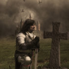 Knight in full armor kneeling at grave in misty forest with gothic spires.