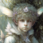 Child with fairy wings and flower crown in woodland setting.
