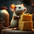 Mouse enjoying cheese in cozy room with pottery background