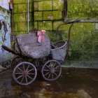 Dolls in garden setting with wicker pram and lush foliage