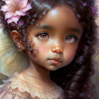 Digital artwork featuring young girl with curly hair, brown eyes, and fairy wings in pink floral setting
