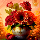 Vibrant red poppies bouquet in ornate vase on warm backdrop
