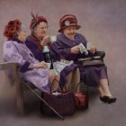 Three Elderly Ladies in Purple Outfits and Hats Holding Bouquet