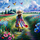Woman in Hat and Dress Walking in Vibrant Flower Field under Cloudy Sky