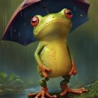 Standing frog with polka-dot umbrella in rain on leafy surface