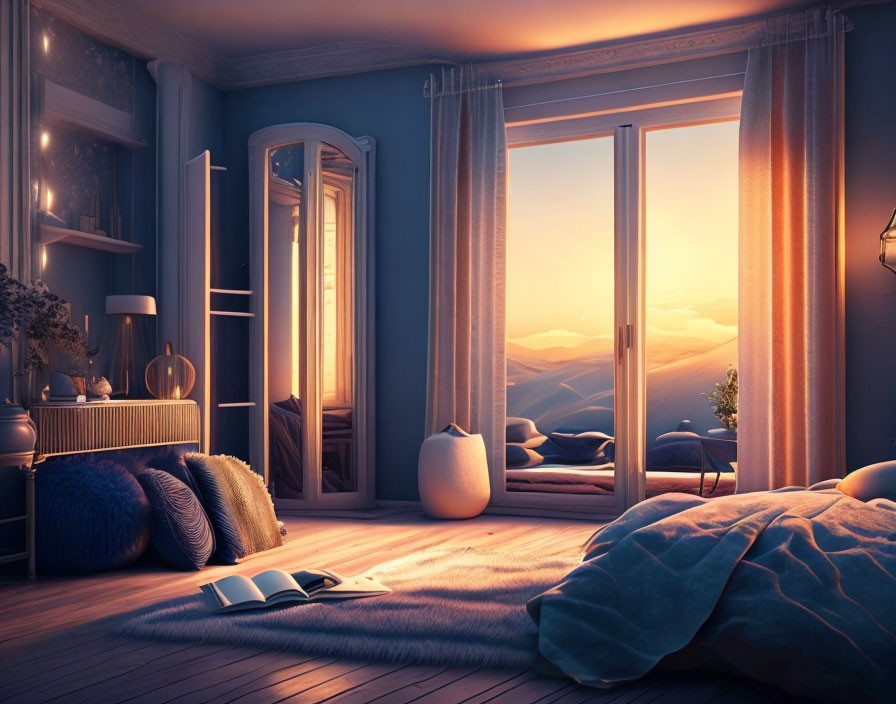 Sunset bedroom with mountain view, warm lighting, and cozy decor