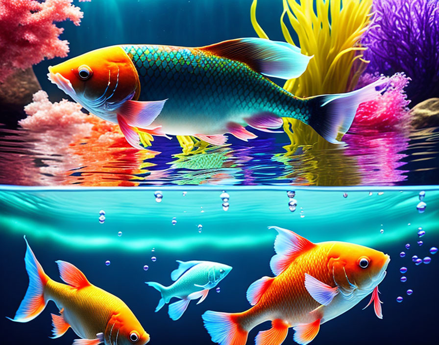 Colorful Fishes Swimming Among Bubbles and Coral Reefs