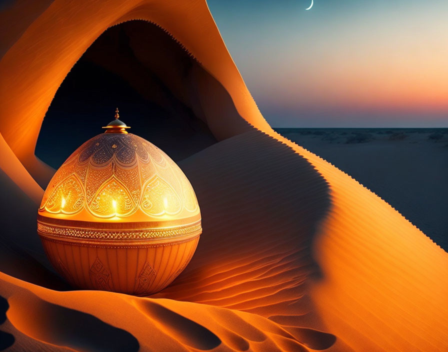 Ornate lamp in desert with crescent moon under twilight sky