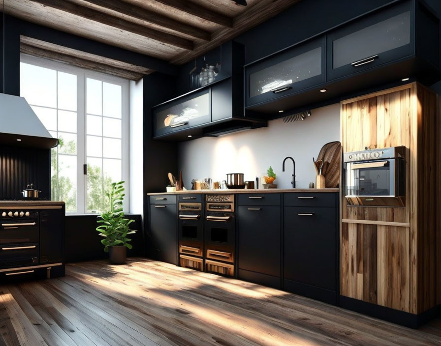 Contemporary Kitchen with Black Cabinets and Wooden Accents