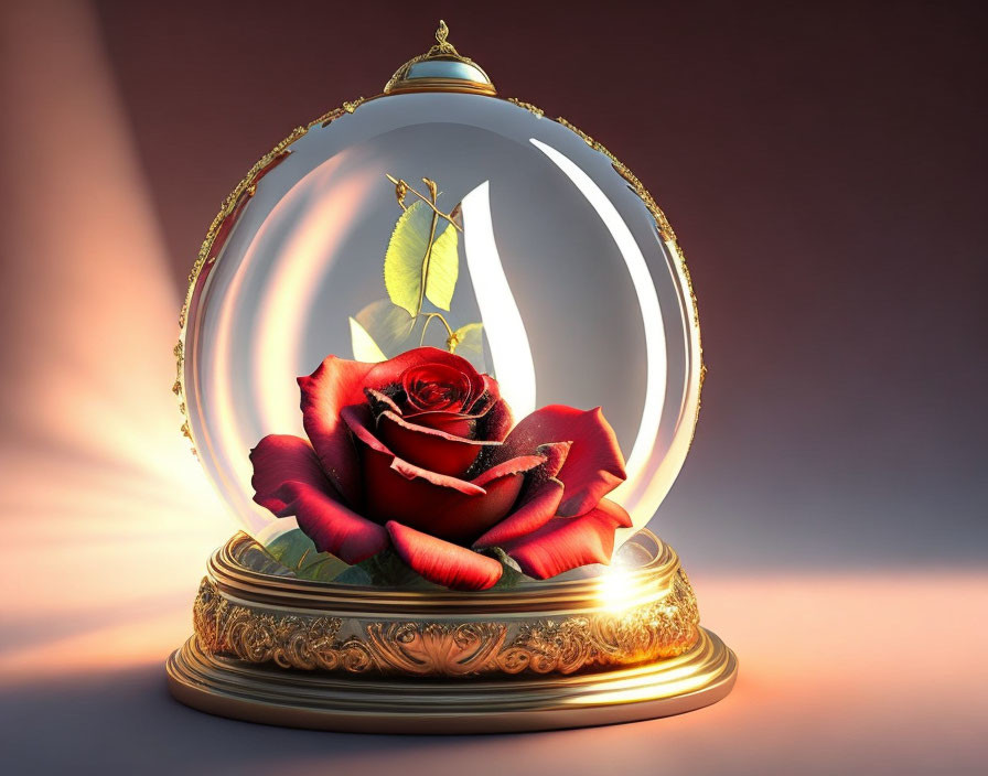 Red rose in glass dome with soft glow on pink background