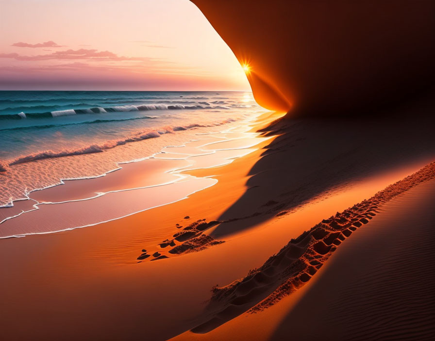 Beach sunset with footprints and sand dunes