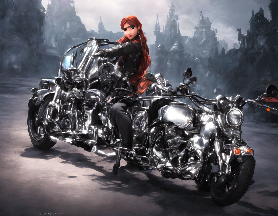 Red-haired woman on chrome motorcycle in leather jacket with fantasy landscape.