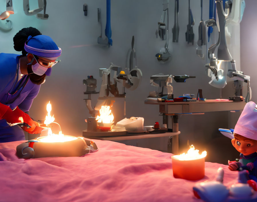 Character in Blue Scrubs Using Blowtorch in Whimsical Repair Shop