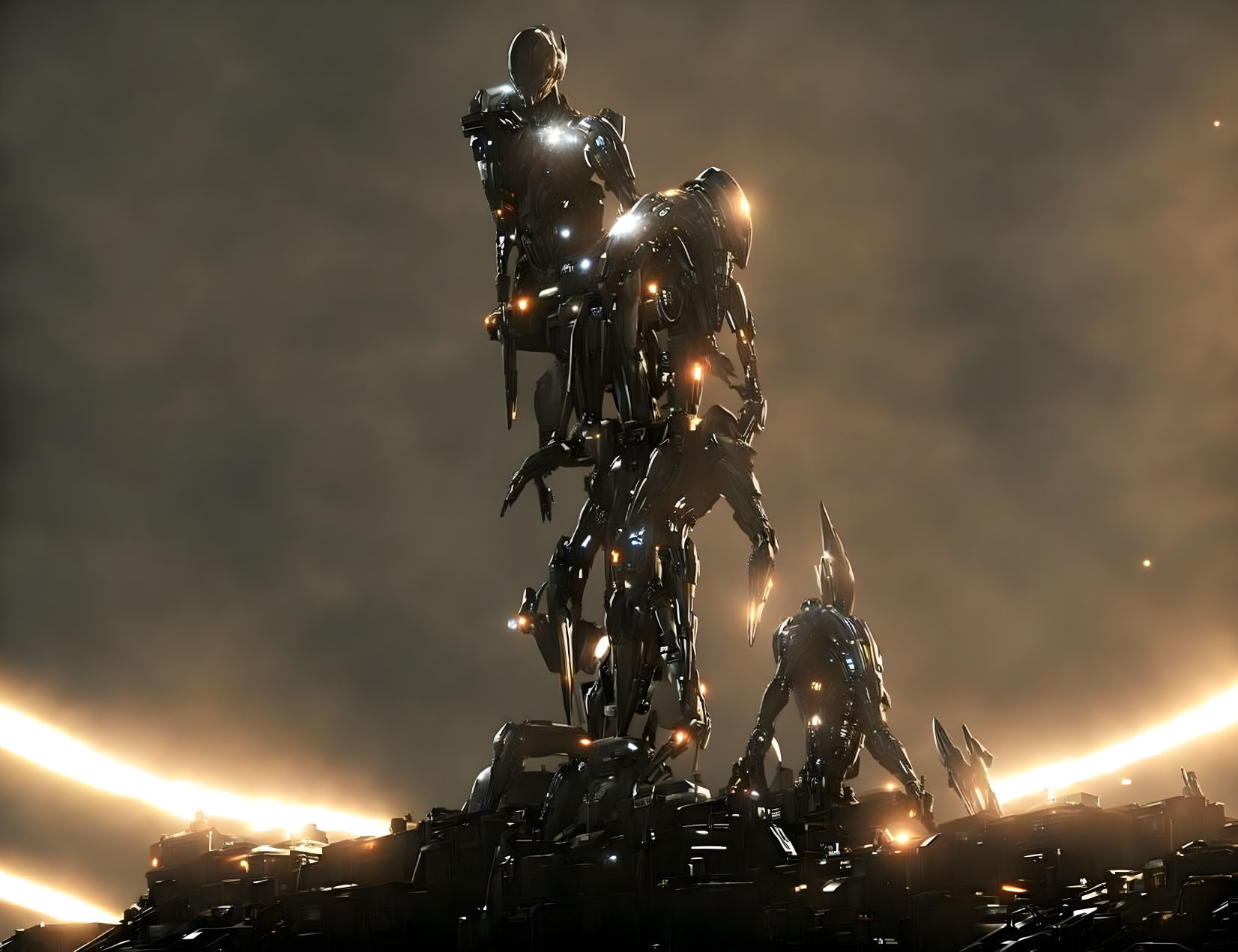 Futuristic robotic figures in debris under dramatic sky with glowing lights