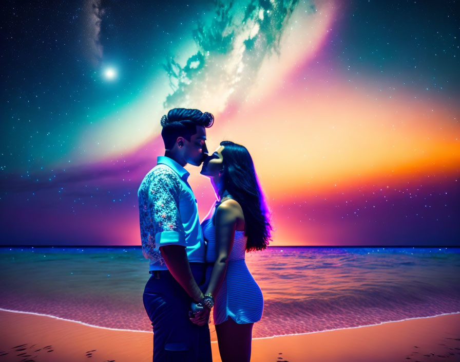 Romantic couple embracing under vibrant night sky with Northern Lights.