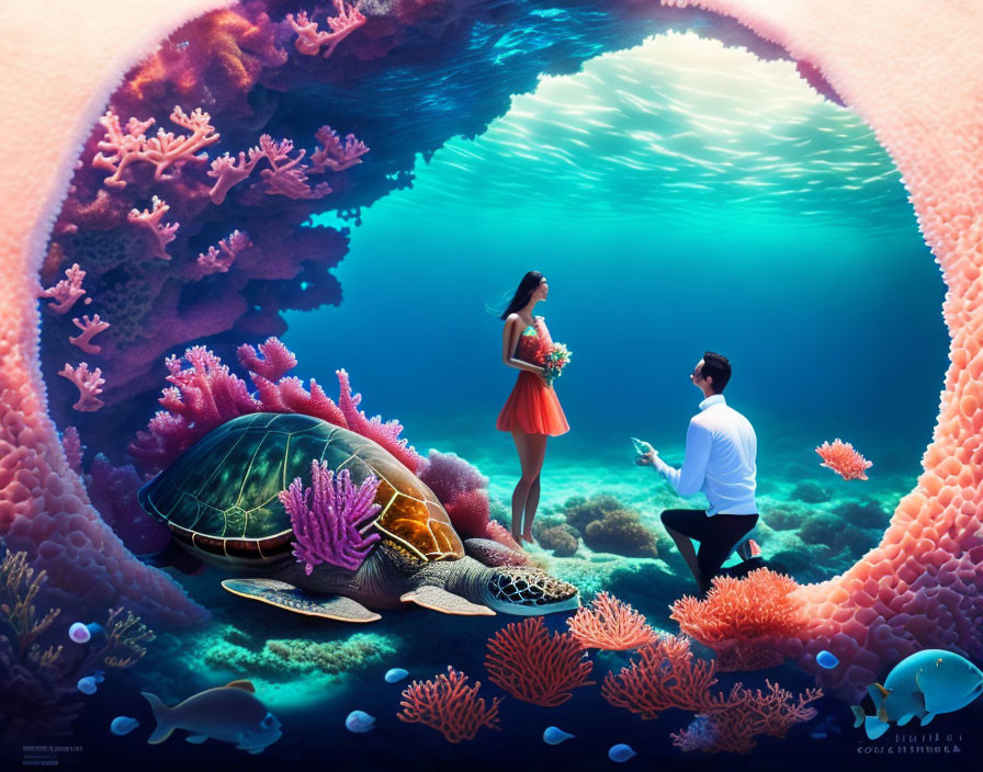 Couple in vibrant underwater scene with coral, turtle, fish, and marriage proposal.