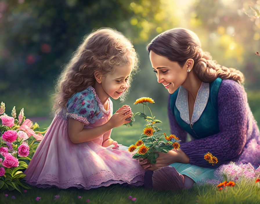 Woman and girl smiling at each other in sunlit garden with yellow flower