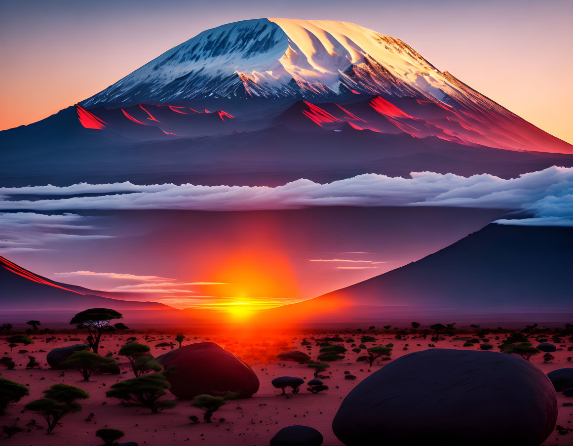 Vibrant sunset colors beneath snow-capped mountain in African savannah