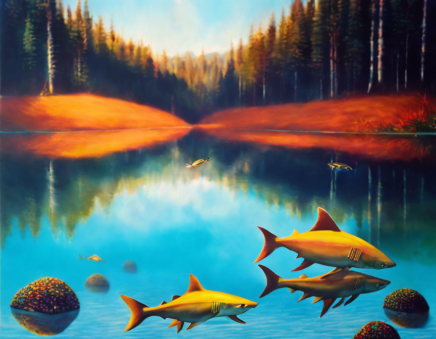 Surreal painting: golden sharks in blue forest lake