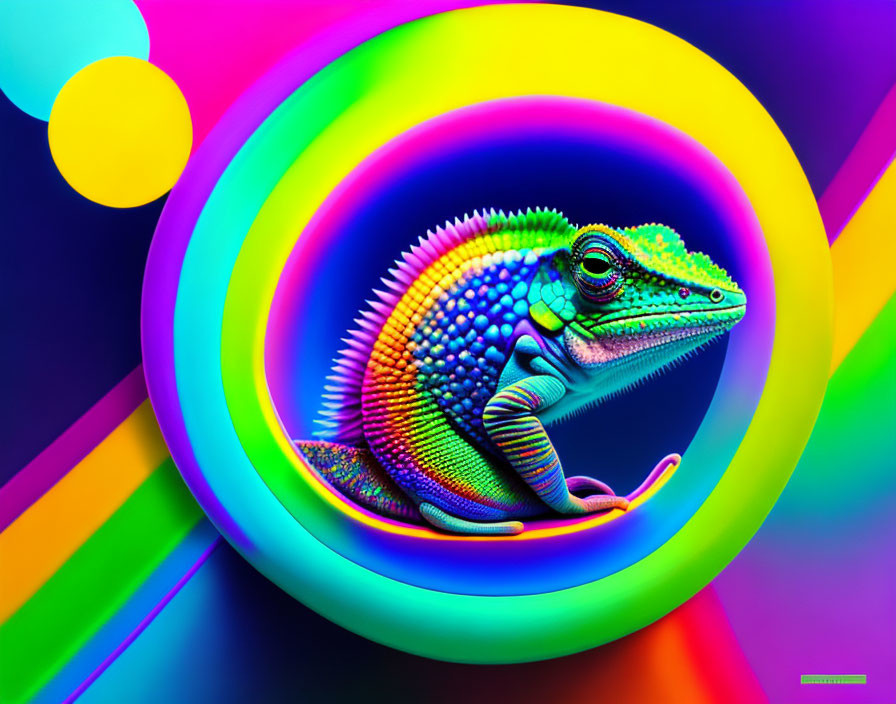 Colorful Chameleon Artwork on Neon Rainbow Spiral Background