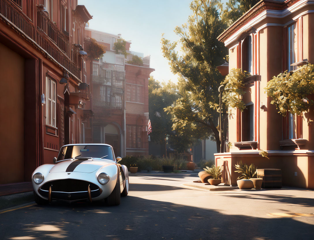 Vintage White Sports Car with Racing Stripes in Residential Street