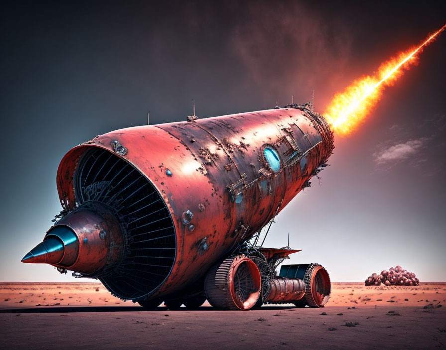 Rusted rocket with fiery exhaust in barren landscape