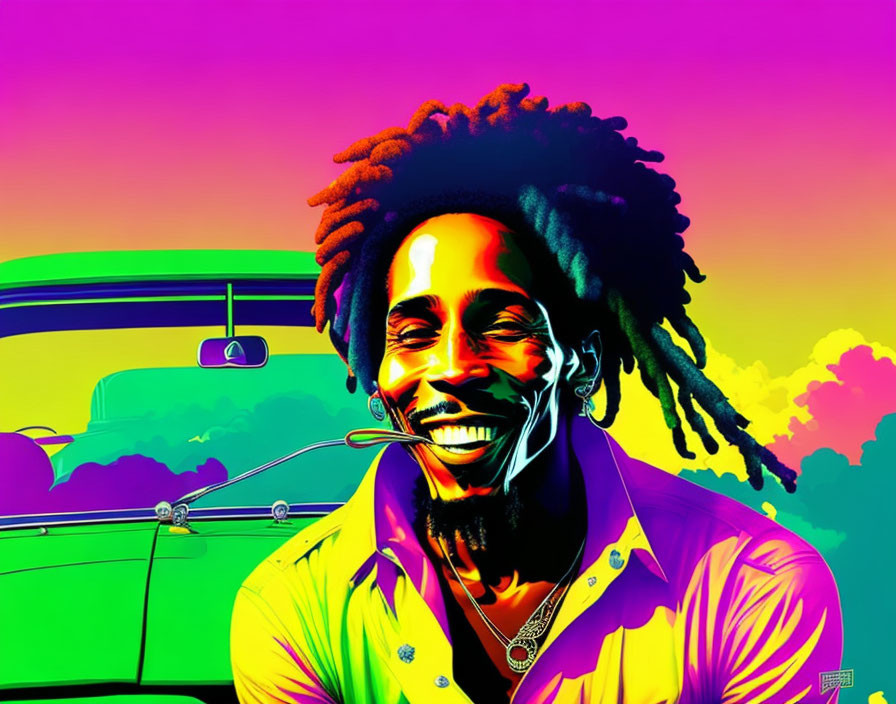 Colorful Pop Art Image: Person with Dreadlocks by Classic Car