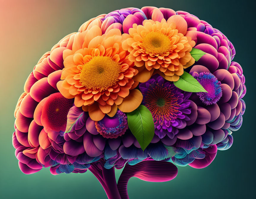 Colorful Flower Brain Illustration Symbolizing Creativity and Growth