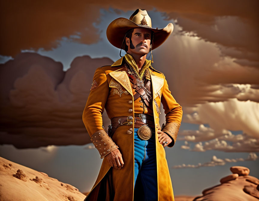 Elaborate Cowboy Attire in Desert Landscape