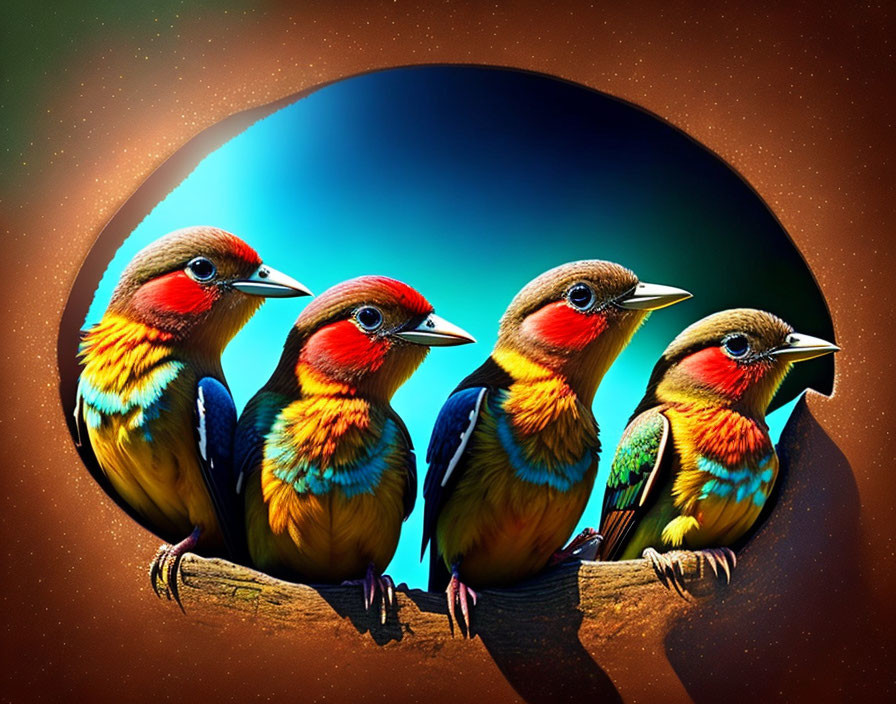 Four vibrant multicolored birds on branch against teal to brown gradient background